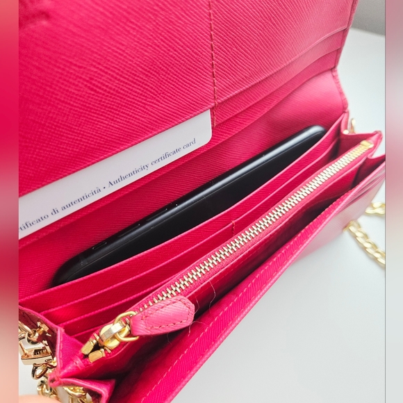 Authentic PRADA Logo Saffiano Leather Pink Gold Bifold Wallet Clutch Holder WOC - Picture 7 of 14